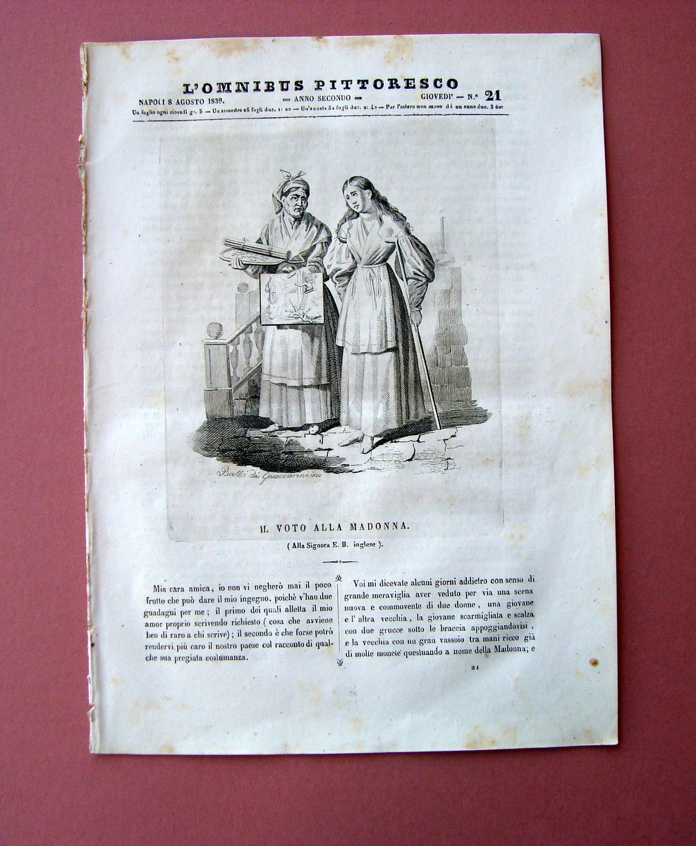 Genzano incisione+articolo Rivista L'Ombibus Pittoresco N 21 Napoli 1839 | Immagine principale