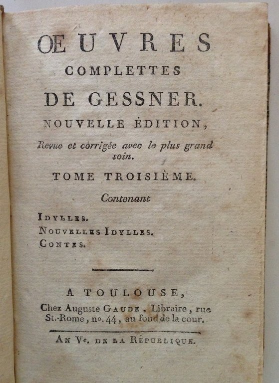 GESSNER OEUVRES COMPLETTES 3 VOLUMI TOULOUSE AUGUSTE GAUDE S.D.1797