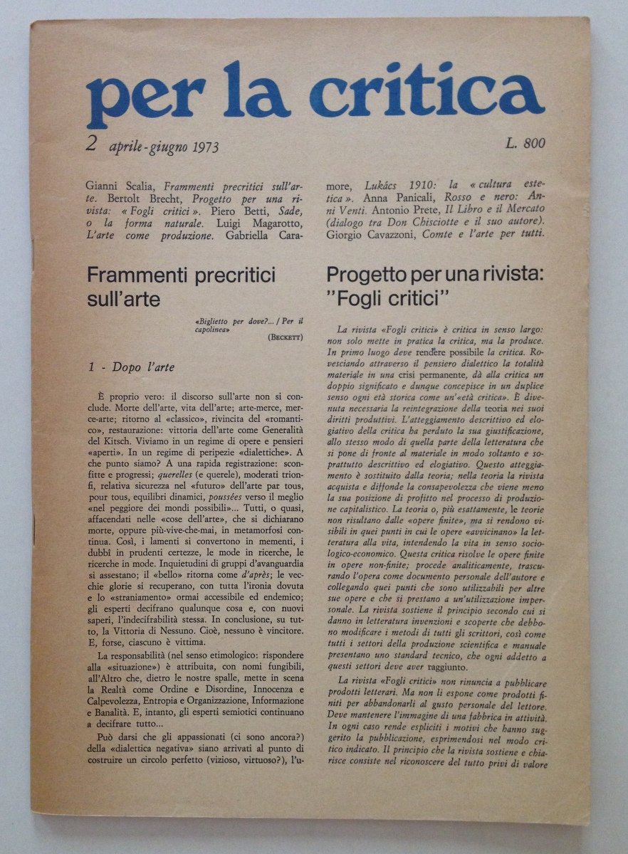 Gianni Scalia Per la Critica N 2 Aprile Giugno 1973 …