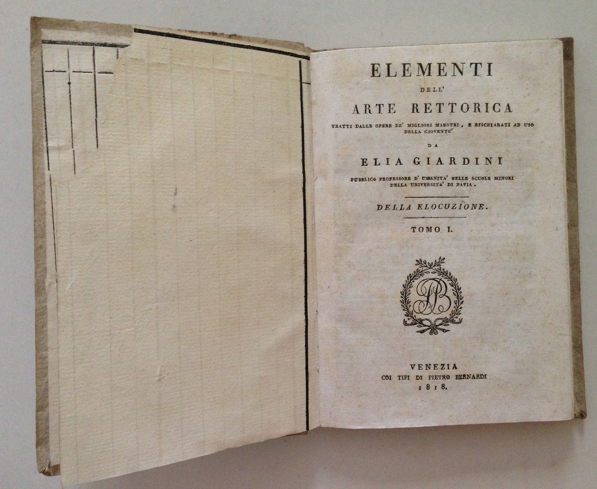 Giardini Elementi dell'Arte Rettorica Della Elocuzione Tomo 1 Bernardi Ed … | Immagine principale
