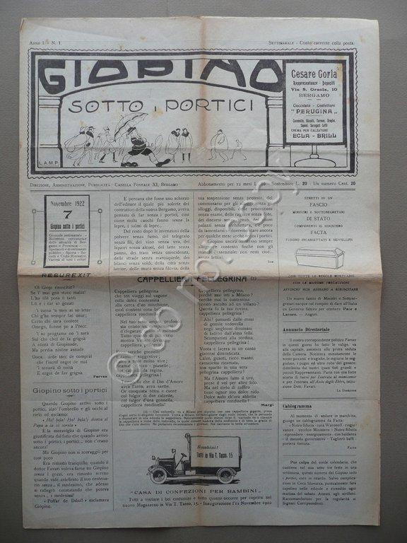 Giopino Sotto i Portici Anno 1 N.1 Bergamo 1922 Settimanale Attualit‡ Treviglio