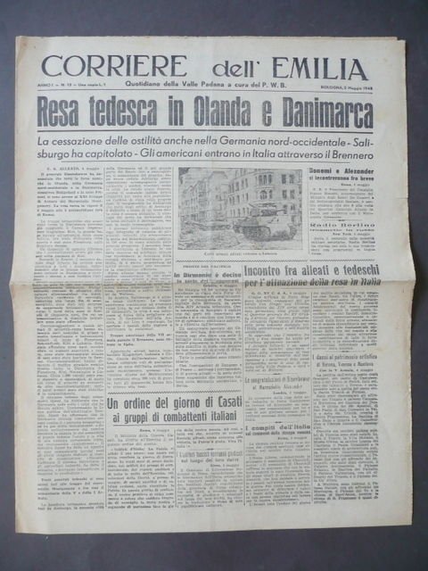 Giornale Corriere dell'Emilia Resa Tedesca Olanda Danimarca Bologna Maggio 1945 | Immagine principale