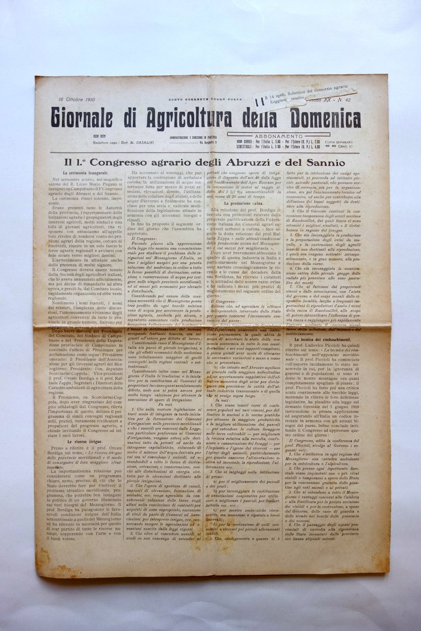 Giornale di Agricoltura della Domenica 1910 I∞Congresso Agrario Abruzzi Sannio | Immagine principale