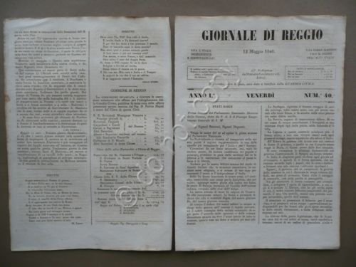Giornale di Reggio 12 Maggio 1848 N.40 Gioberti Brescia Risorgimento Storia
