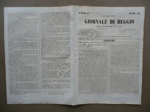 Giornale di Reggio 13 Aprile 1848 N.16 Mazzini Milano Indipendenza Risorgimento