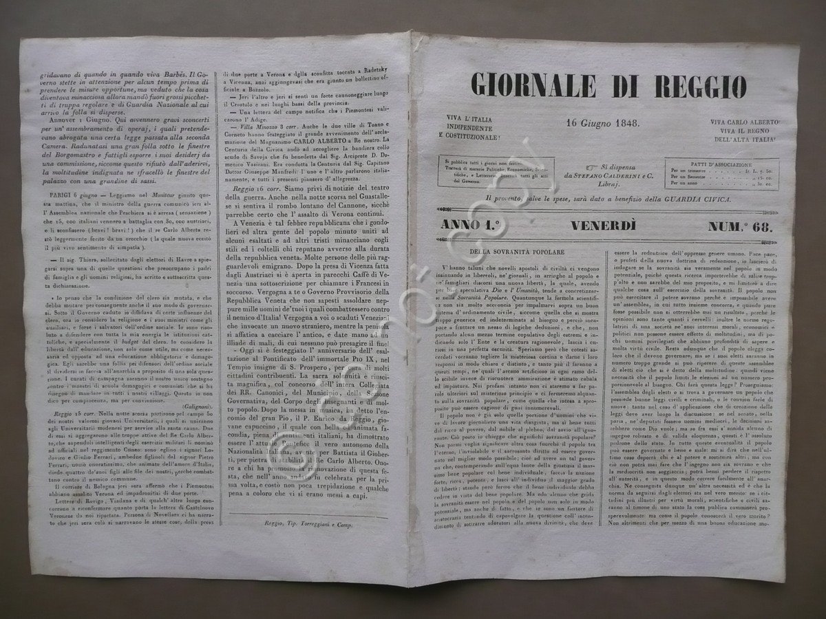 Giornale di Reggio 16 Giugno 1848 N.68 Presa Vicenza Manin …