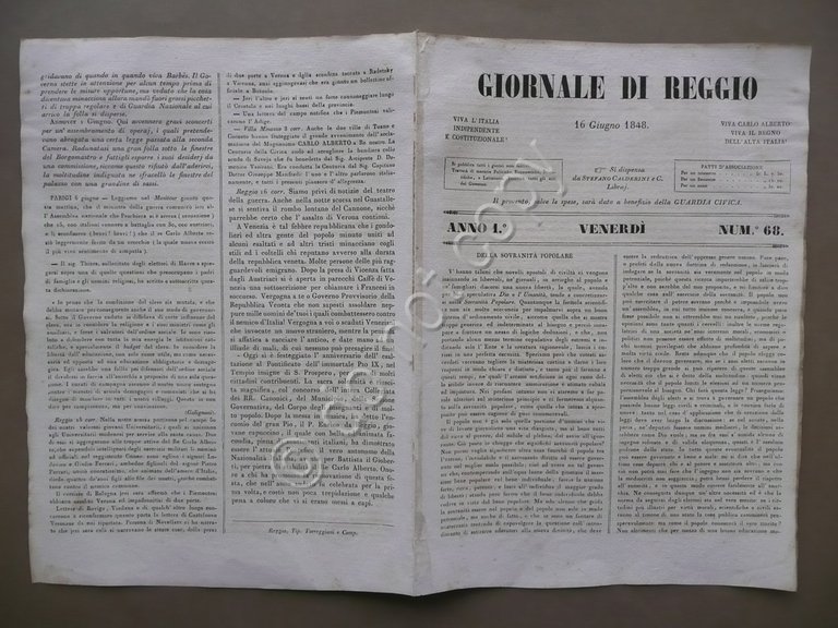 Giornale di Reggio 16 Giugno 1848 N.68 Presa Vicenza Manin Risorgimento Storia
