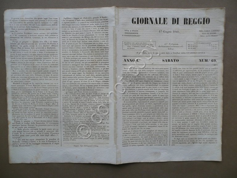 Giornale di Reggio 17 Giugno 1848 N.69 Selmi Valeggio Goito Risorgimento Storia