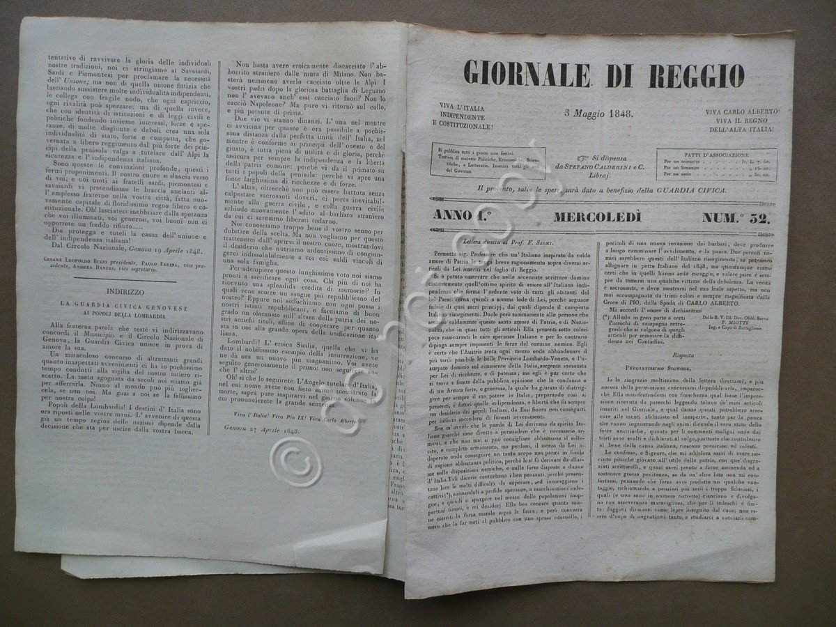 Giornale di Reggio 3 Maggio 1848 N.32 Radetzky Milano Pastrengo …