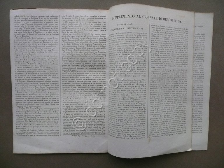 Giornale di Reggio 3 Maggio 1848 N.32 Radetzky Milano Pastrengo …
