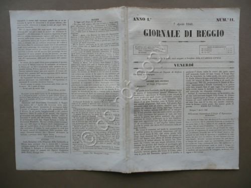 Giornale di Reggio 7 Aprile 1848 N.11 Generale Durando Selmi Milano Risorgimento