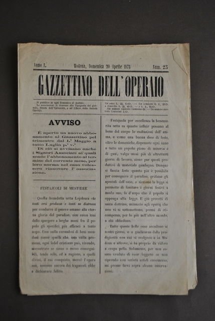 Giornale Gazzettino Operaio Societ‡ Operaia Modena Lavoro Notizie 1873