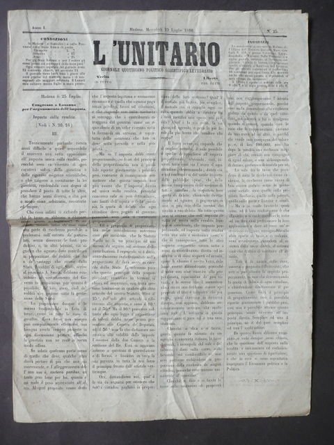 Giornale L'Unitario Risorgimento Disertori Ravenna Garibaldi Messina Modena 1860