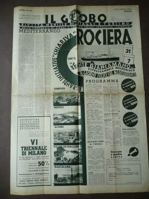 Giornali Il Globo Crociera 1936 8 giorni Mediterraneo Conte Biancamano …