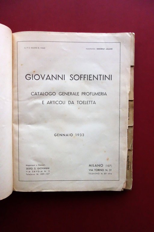 Giovanni Soffientini Milano Catalogo Generale Profumeria Toeletta Gennaio 1933