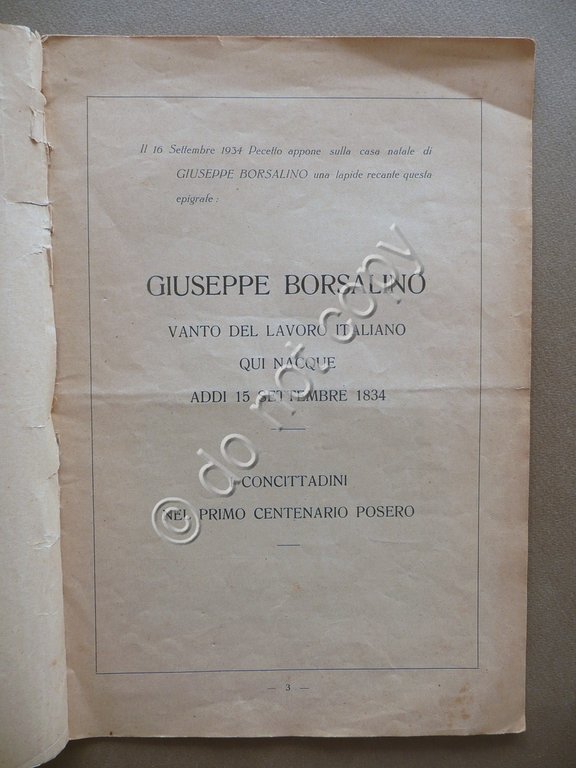 Giuseppe Borsalino nel Primo Centenario della Nascita 1834 1934 Pecetto …