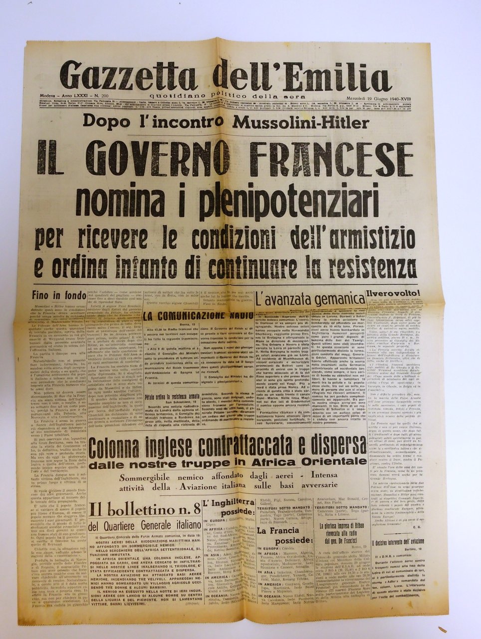 GOVERNO FRANCESE NOMINA PLENIPOTENZIARI ARMISTIZIO GAZZETTA DELL'EMILIA19/6/1940