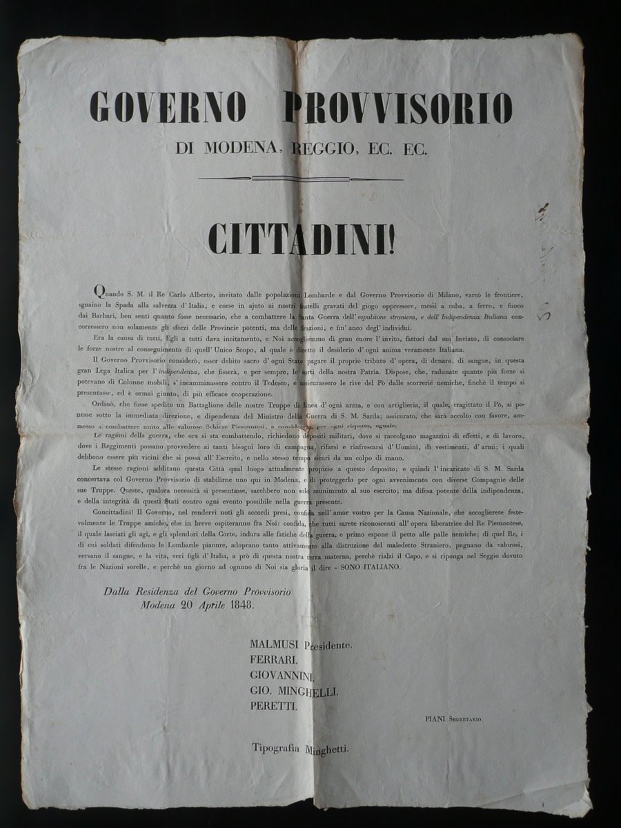 Governo Provvisorio Modena Magazzino per Reggimenti in Guerra 1848 Risorgimento