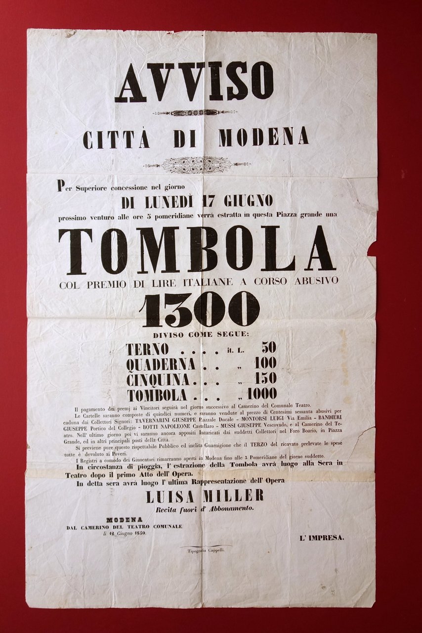 Grande Avviso Citt‡ di Modena Tombola Piazza Grande Lire Italiane … | Immagine principale