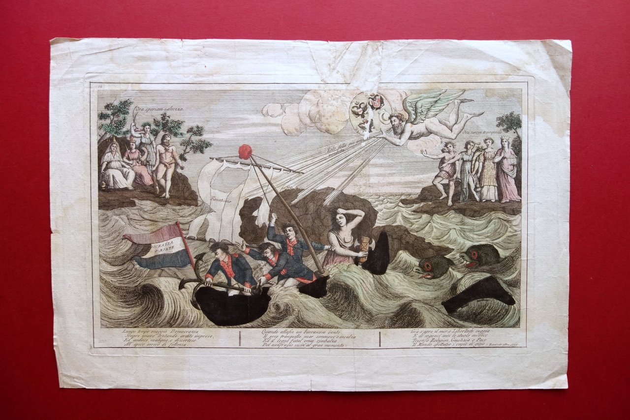 Grande Incisione Antirivoluzionaria Naufragio della Democrazia Roveredo 1799