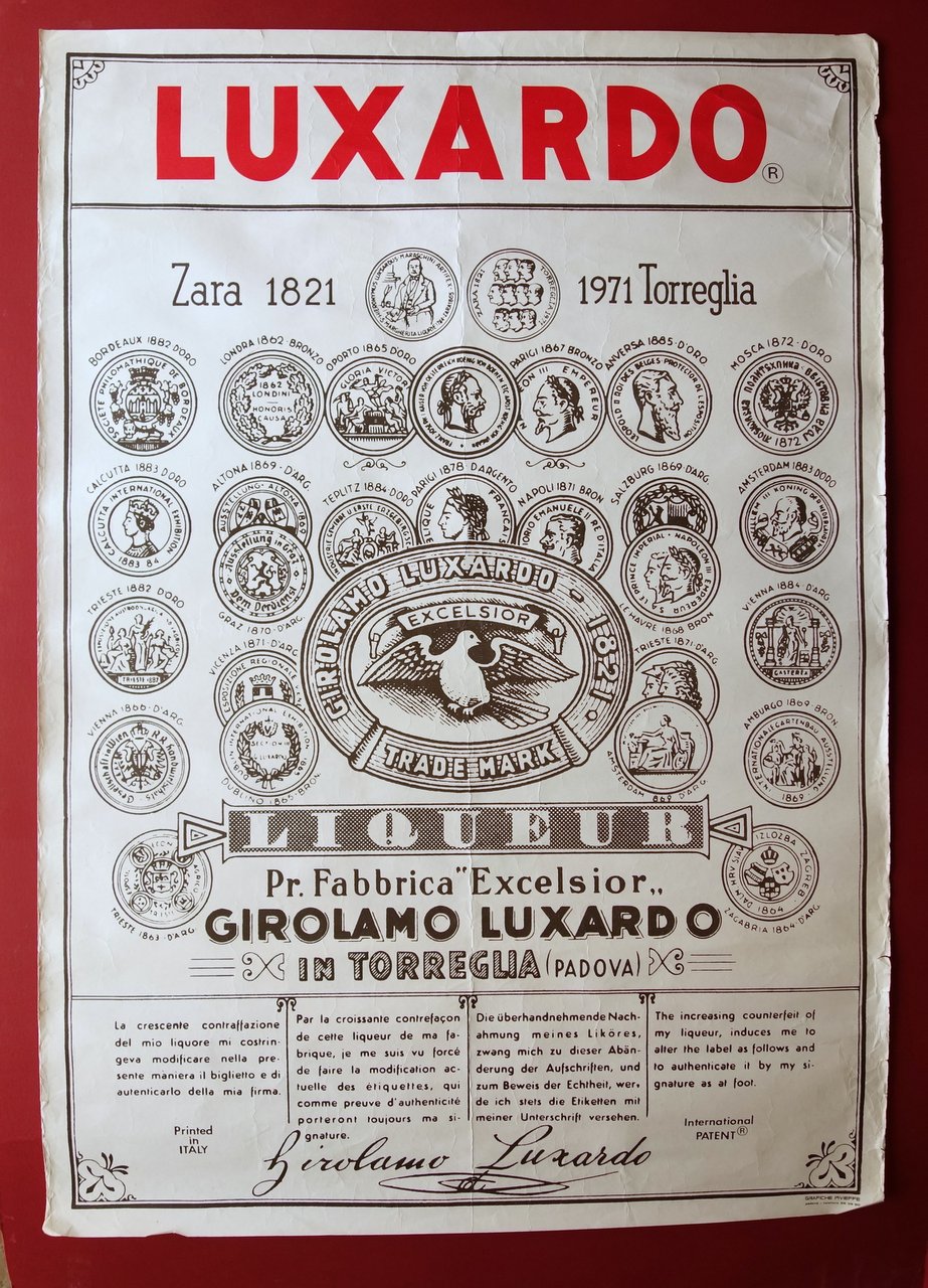 Grande Manifesto Luxardo Zara 1821 Torreglia Padova 1971 Liquori Excelsior