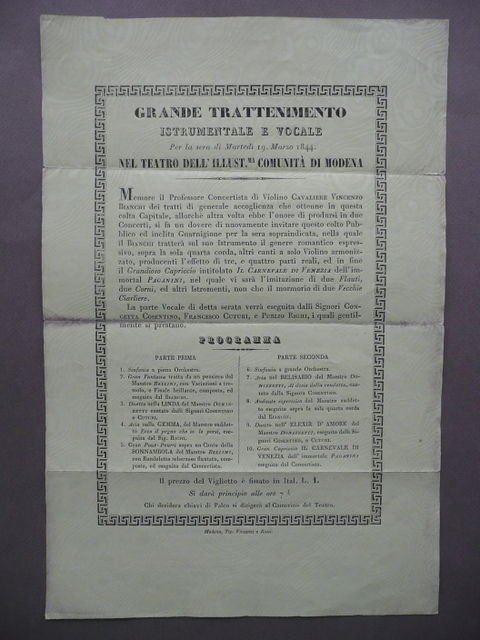 Grande Trattenimento Istrumentale E Vocale Locandina Violino Teatro Musica 1844 | Immagine principale