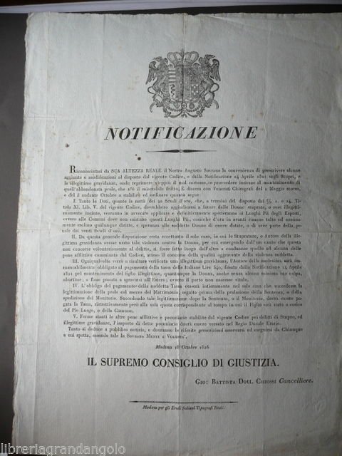 Grida 1826 Stupri Gravidanze illegittime Ducato Modena Disposizioni Pene Donne