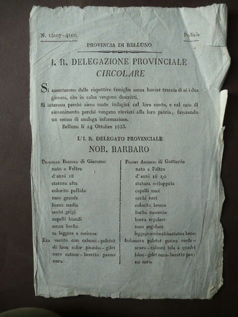 Grida Antiche Ricerca Persone Smarrite Feltre Provincia di Belluno 1853 …