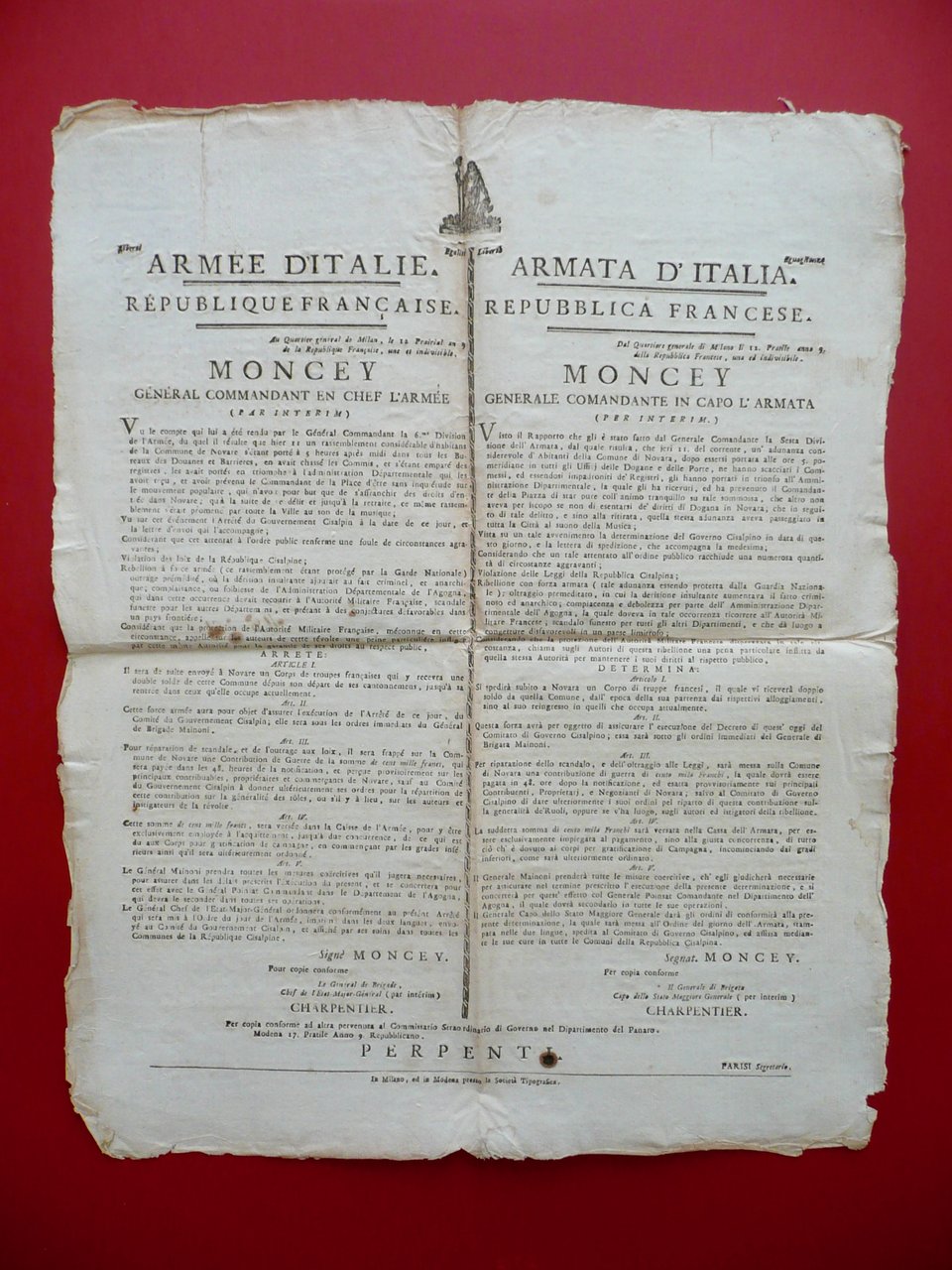 Grida Armata d'Italia Ribellione Novara Dogana Invio Truppe Francesi Moncey …