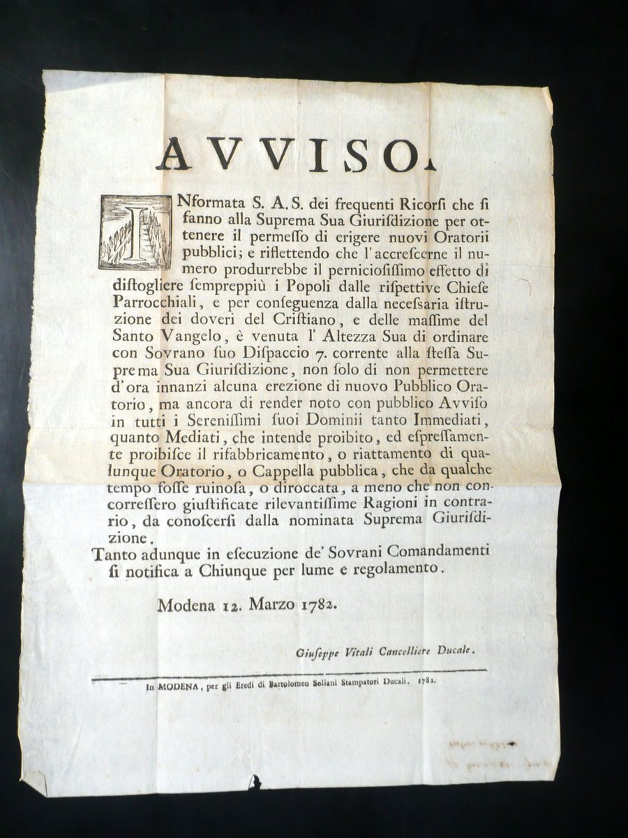 Grida Avviso Erezione Oratori Pubblici Permessi Modena Soliani 1782