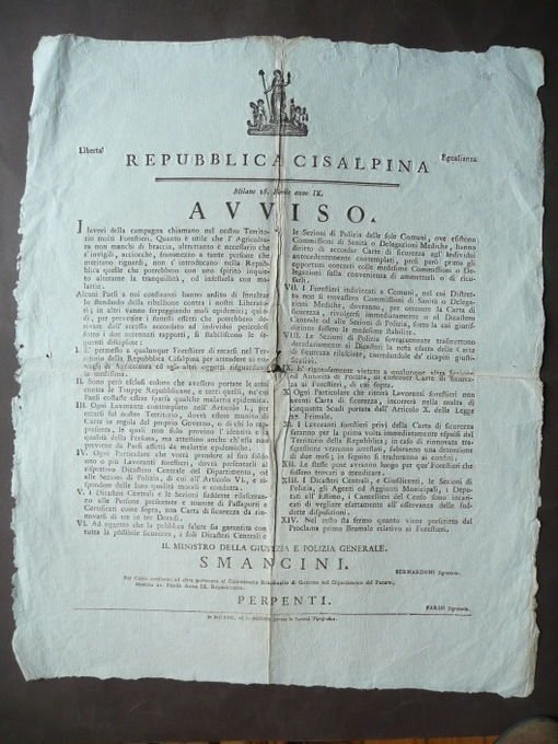 Grida Cisalpina Modena Anno IX Repubblicano Forestieri Sanit‡ 1800 Napoleone | Immagine principale