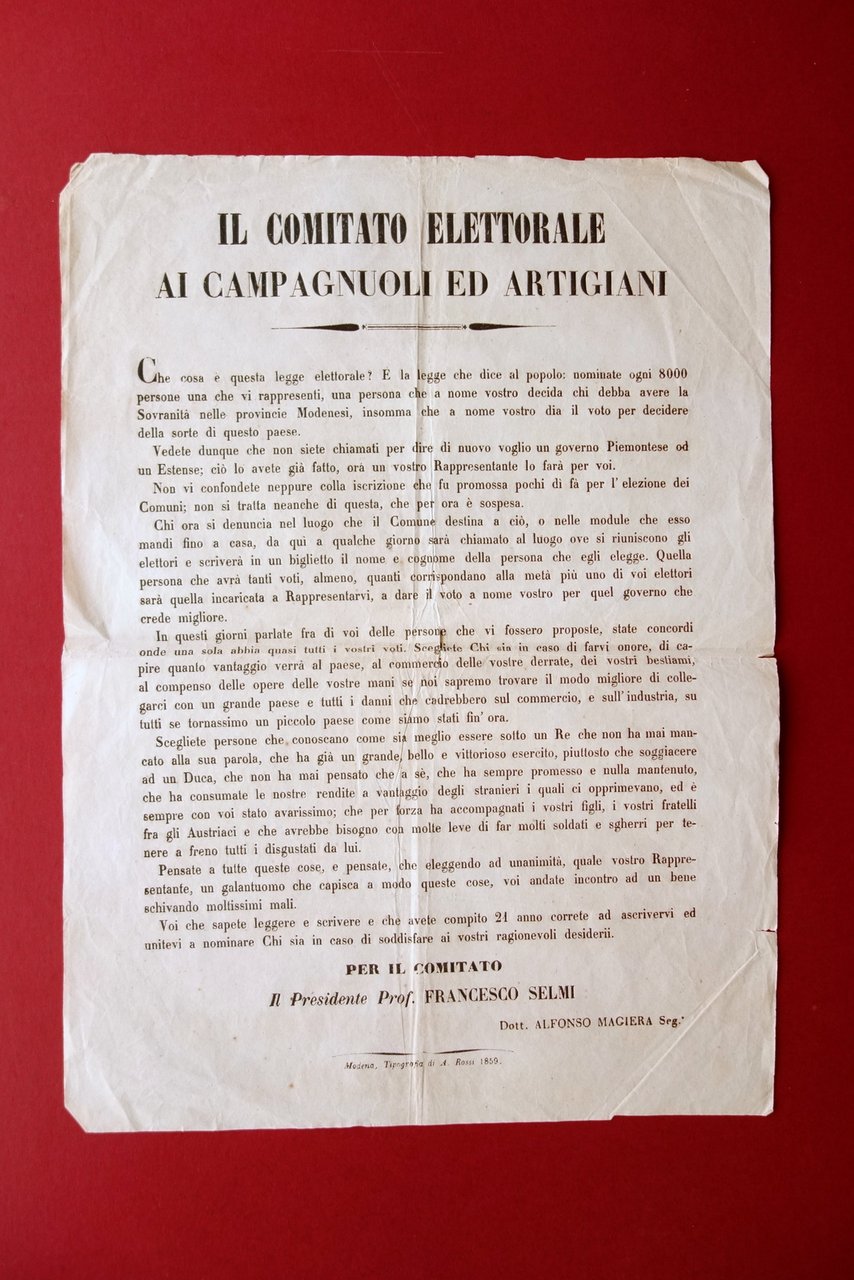Grida Comitato Elettorale Bando Elezione Rappresentanti Modena 1859 Magiera