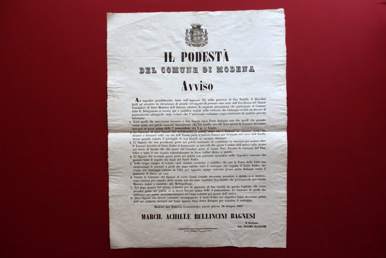 Grida Comune di Modena Visita Papa Pio IX Disposizioni Percorsi …