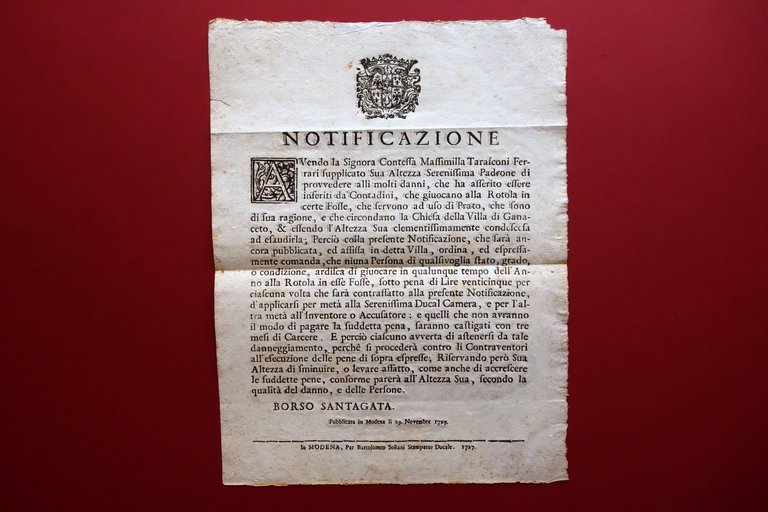 Grida Contessa Tarasconi Ferrari Divieto Gioco Rotola Ganaceto Modena 1727 Rara