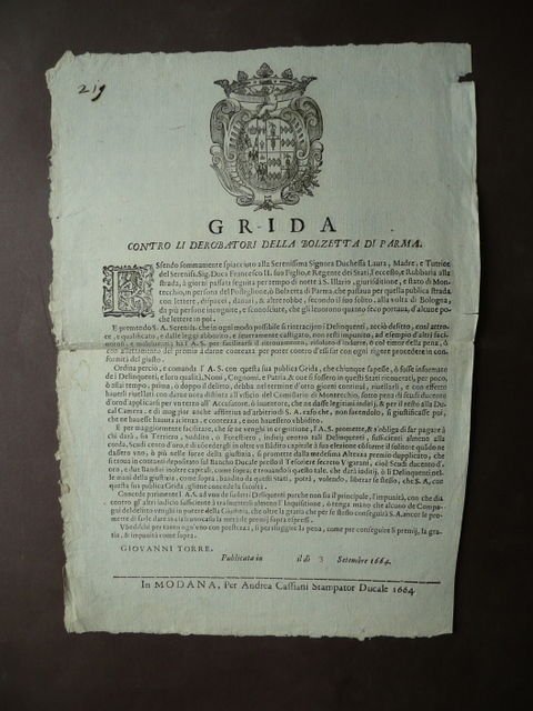 Grida Derobatori Bolzetta Parma Rubbaria S. Ilario Bologna 1664 Estensi …