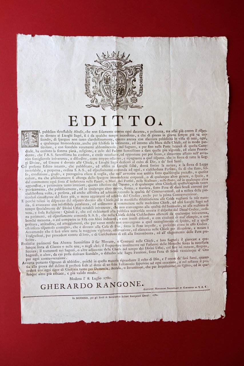 Grida Editto Rispetto dei Luoghi Sacri Pulizia Decoro 1780 Grande …