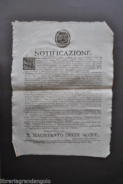 Grida Estensi Modena Fiumi Idraulica Argini Secchia Navigazione Barche 1754