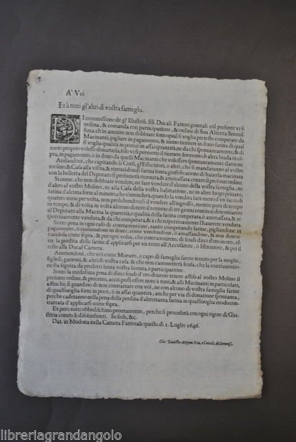 Grida Farina Frumento Grano Macinato Mulini Mugnai Modena 1646
