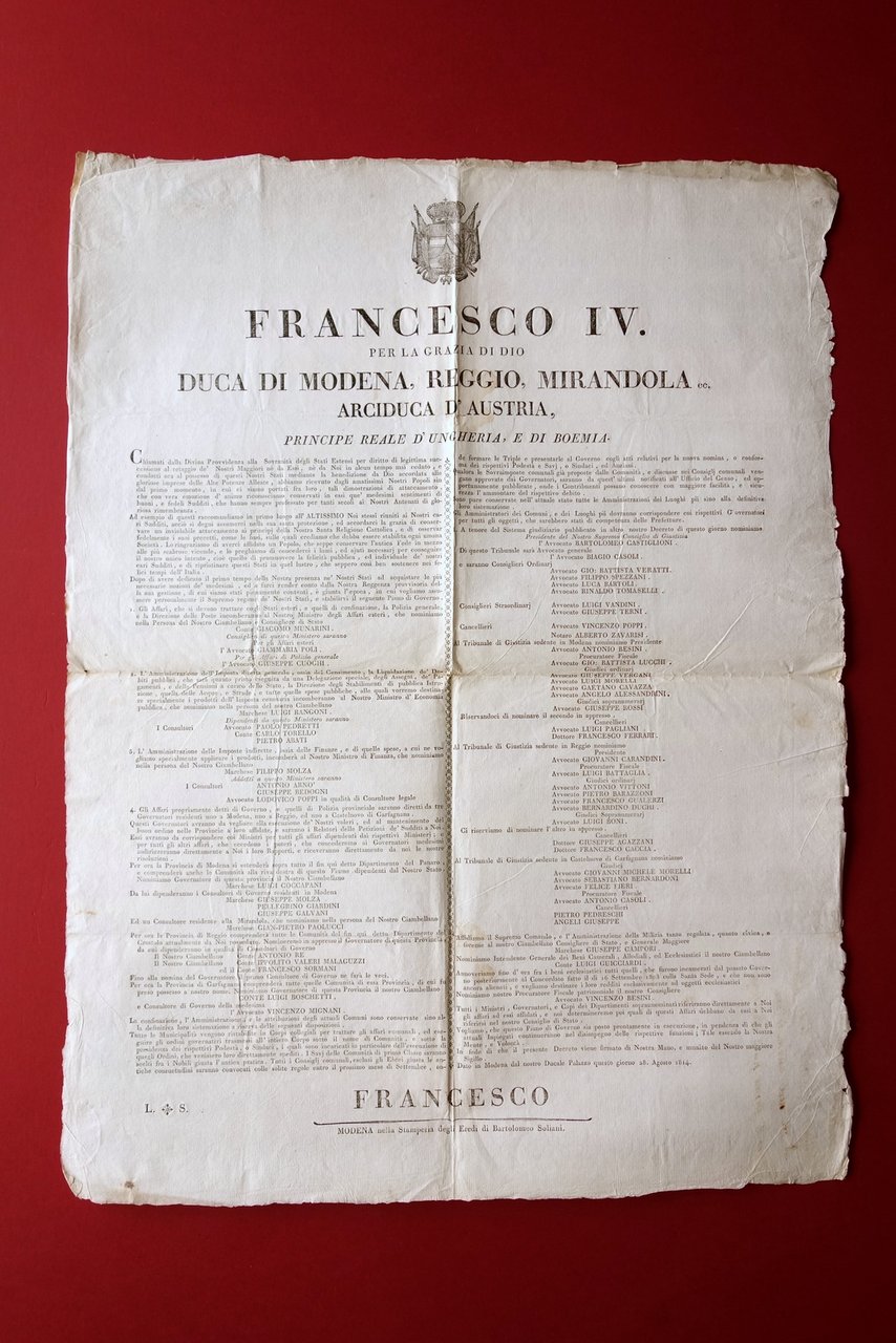 Grida Francesco IV Piano di Governo Stati Estensi 1814 Consiglieri …