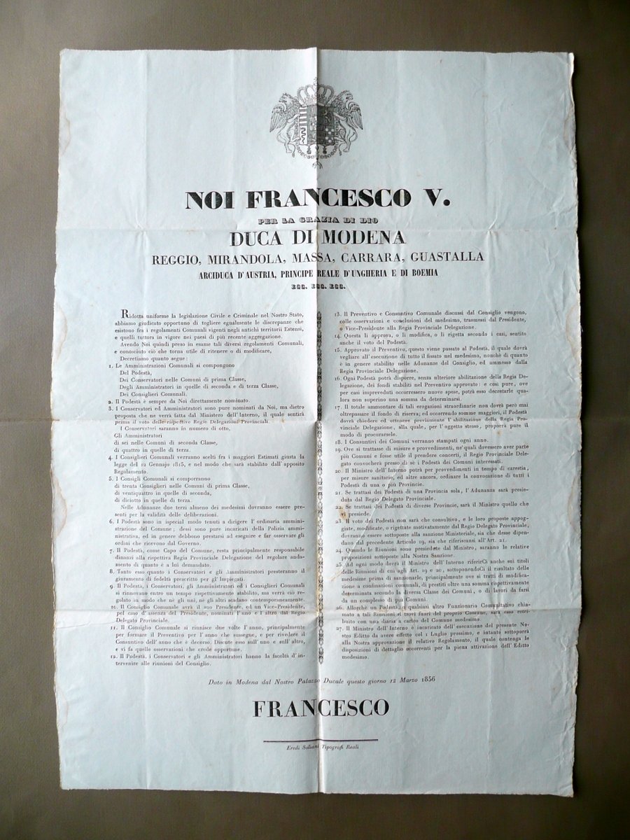 Grida Francesco V Regolamento Amministrazione Comunale Cariche Soliani 1856 | Immagine principale