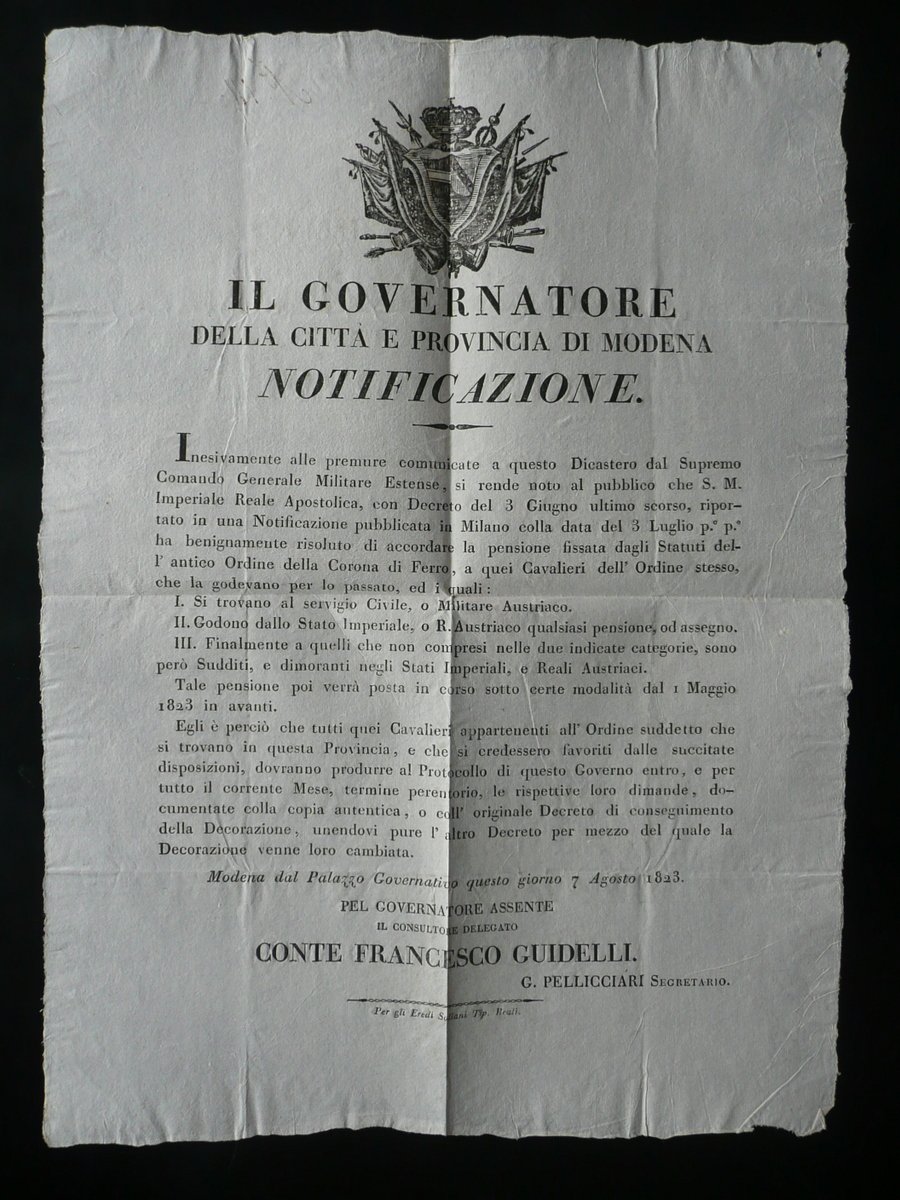 Grida Governatore Modena Pensione Cavalieri Ordine Corona di Ferro Austria …