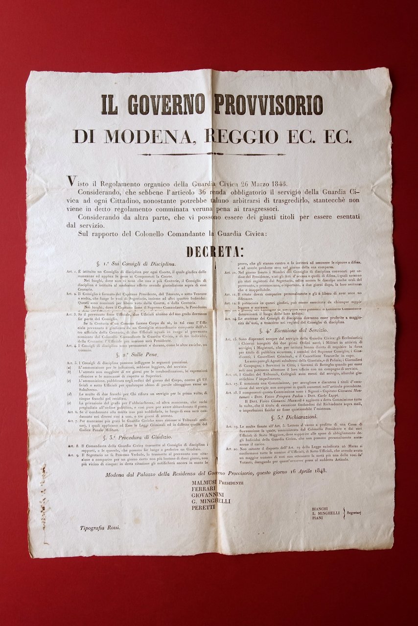 Grida Governo Provvisorio Modena e Reggio 1848 Guardia Civica Regolamento