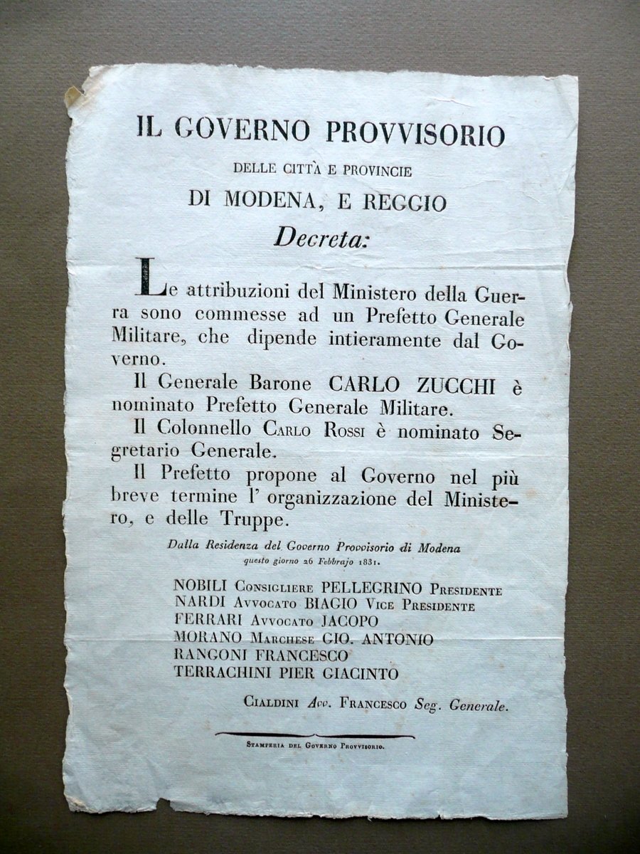 Grida Governo Provvisorio Modena Prefetto Generale Militare Zucchi Moti 1831 | Immagine principale