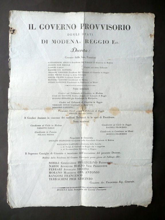Grida Governo Provvisorio Modena Reggio 1831 Deposizione Nomina Giudici Cariche