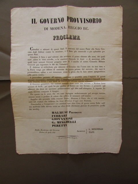 Grida Governo Provvisorio Modena Reggio Prestito Fucili Caccia 1848 Risorgimento