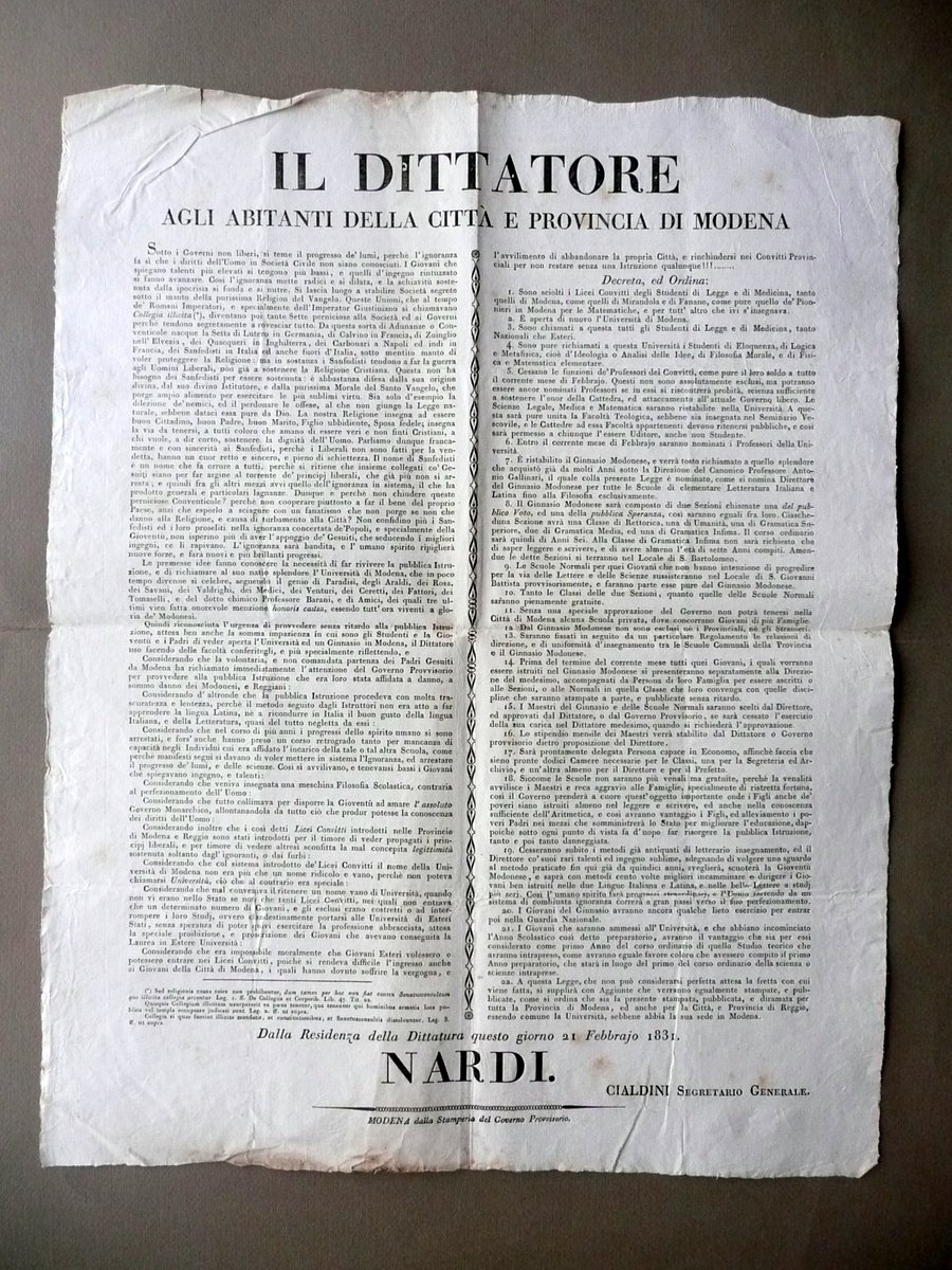 Grida Governo Provvisorio Modena Riapertura Riforma Istruzione 1831 Illuminismo