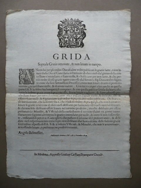 Grida Grazie Ottenute Non Levate Belmelleri Cassiani Modena 1629 Diritto …