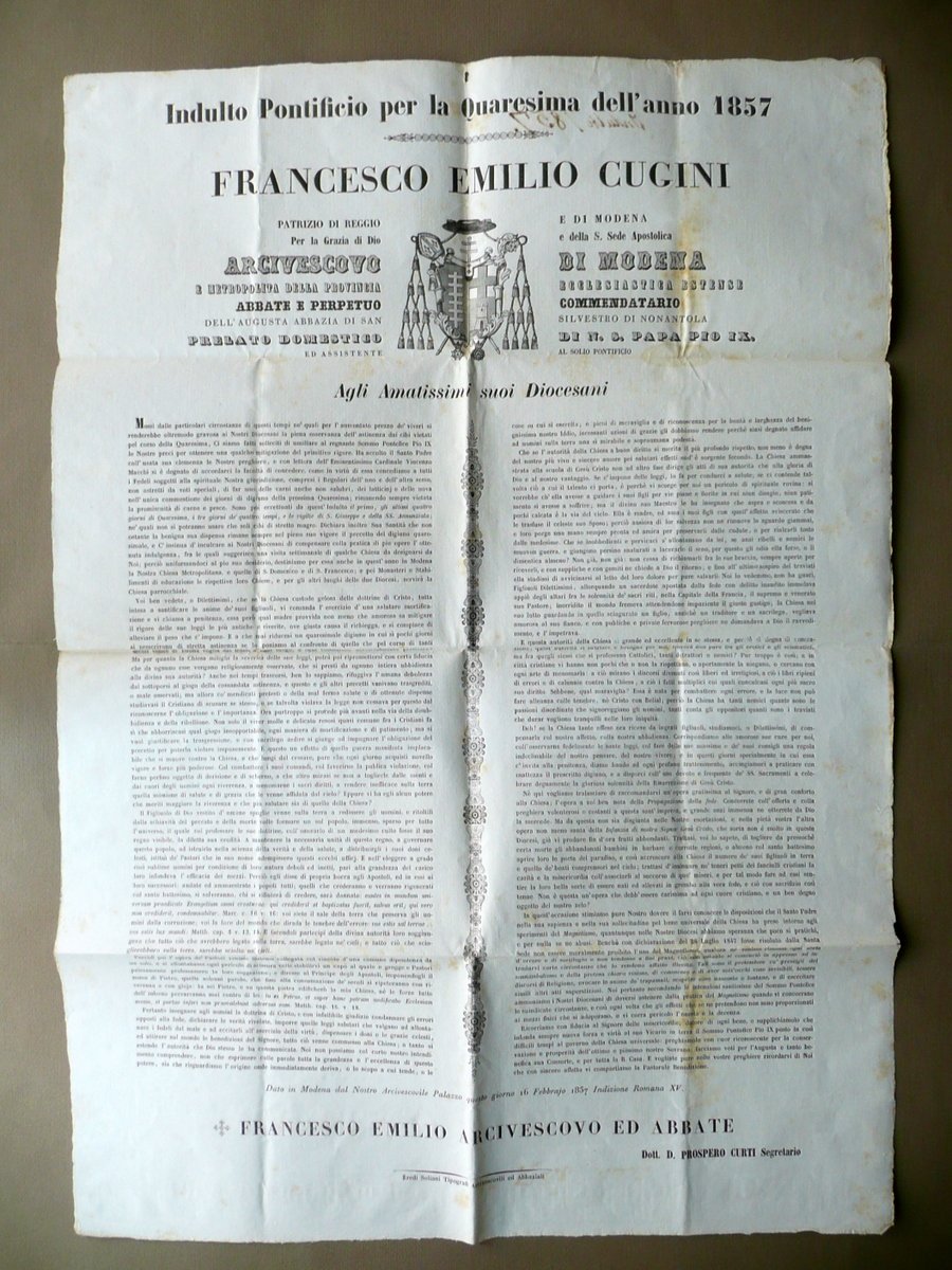 Grida Indulto Pontificio Quaresima 1857 Contro Magnetismo Sonnambulismo Soliani | Immagine principale