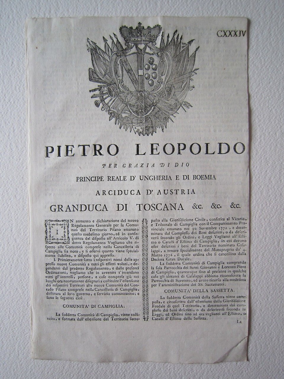 Grida Leopoldo Granducato Toscana 1776 Campiglia Sassetta Casale Bibbona Estimo