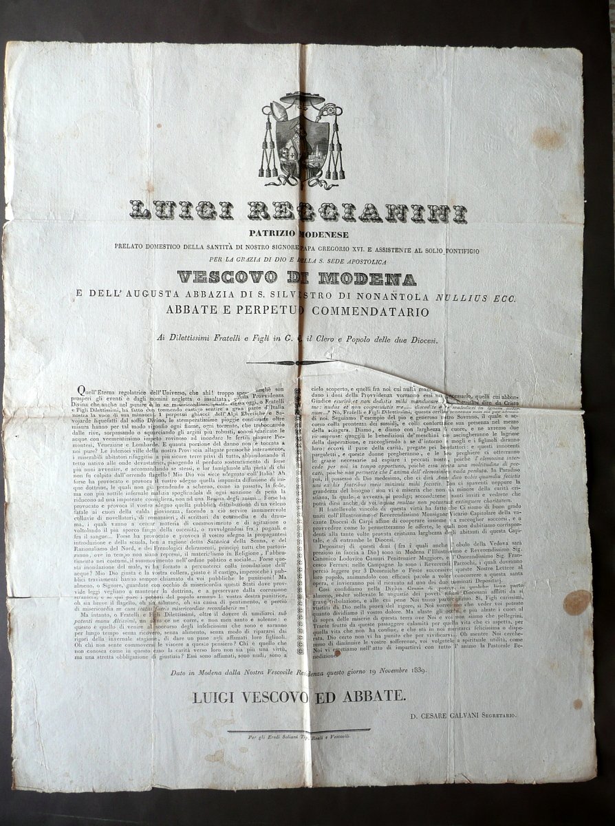 Grida Luigi Reggianini Vescovo Modena Antimassonica Punizione Alluvione 1839